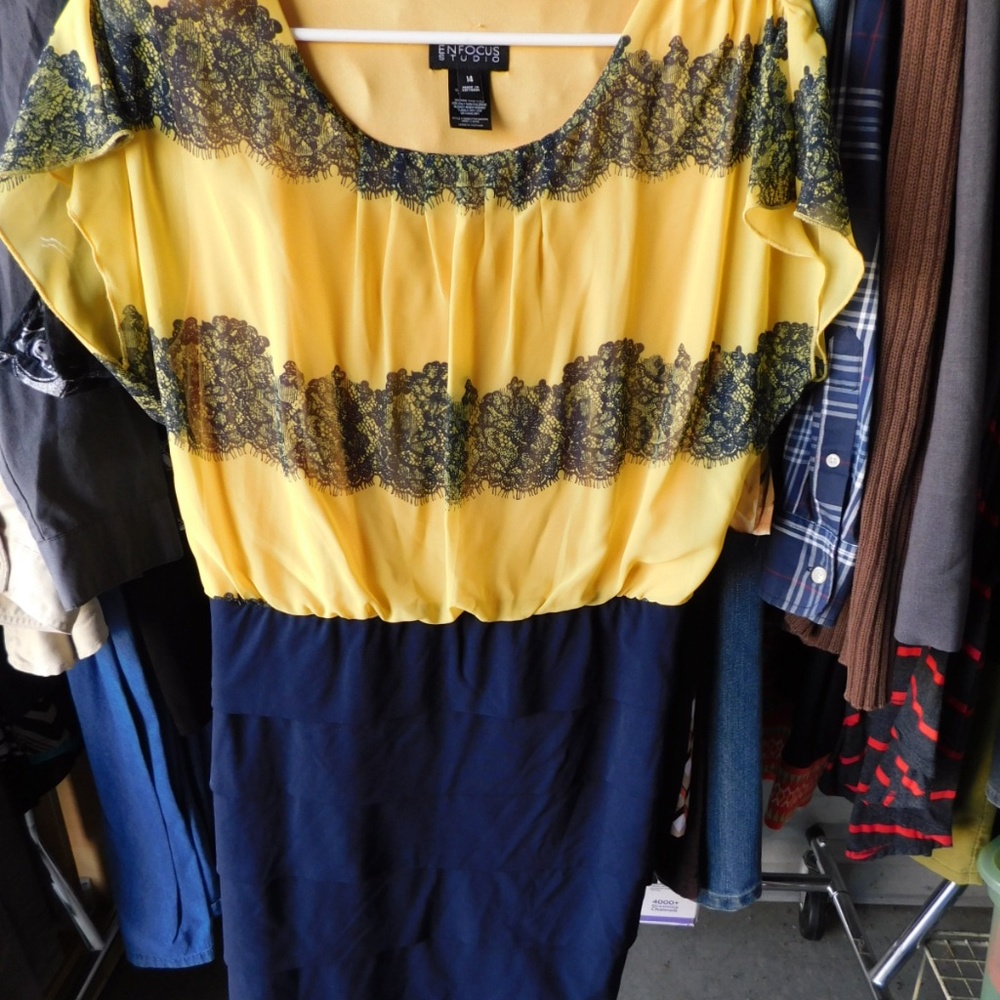 Dress Blousy Yellow, Navy Fitted Pencil skirt bottom Dress Size 14